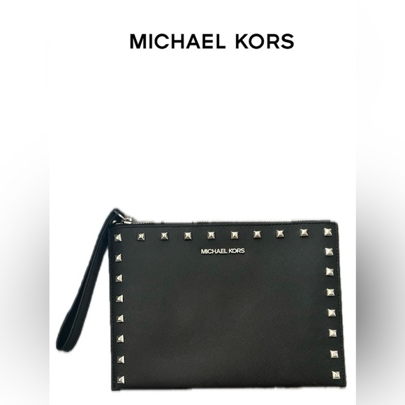 Michael Kors XL Zip Clutch Smooth Leather Signature Logo Checker Wristlet Black - Picture 1 of 12